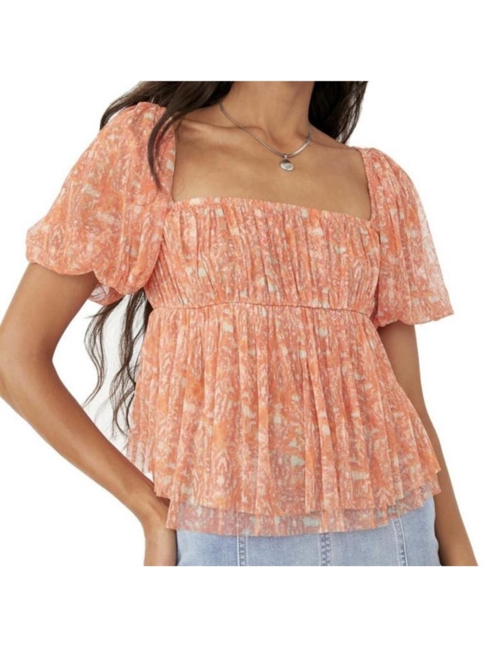 Free People Penelope Babydoll Blouse XS Peach Floral Short Sleeves Crop Top